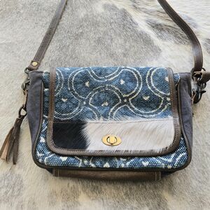 Myra Bag Blue Valentine Shoulder Bag Purse Upcycled Canvas Cowhide Leather Funky